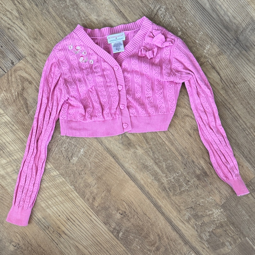 American Girl x Love Shack Fancy Girls Crop Pink Sweater Cardigan Size M 10/12